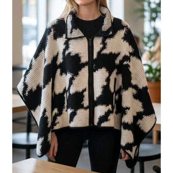 French Connection Wool Blend Poncho Cape S/M Zip Houndstooth Western Boho Preppy - Picture 1 of 8
